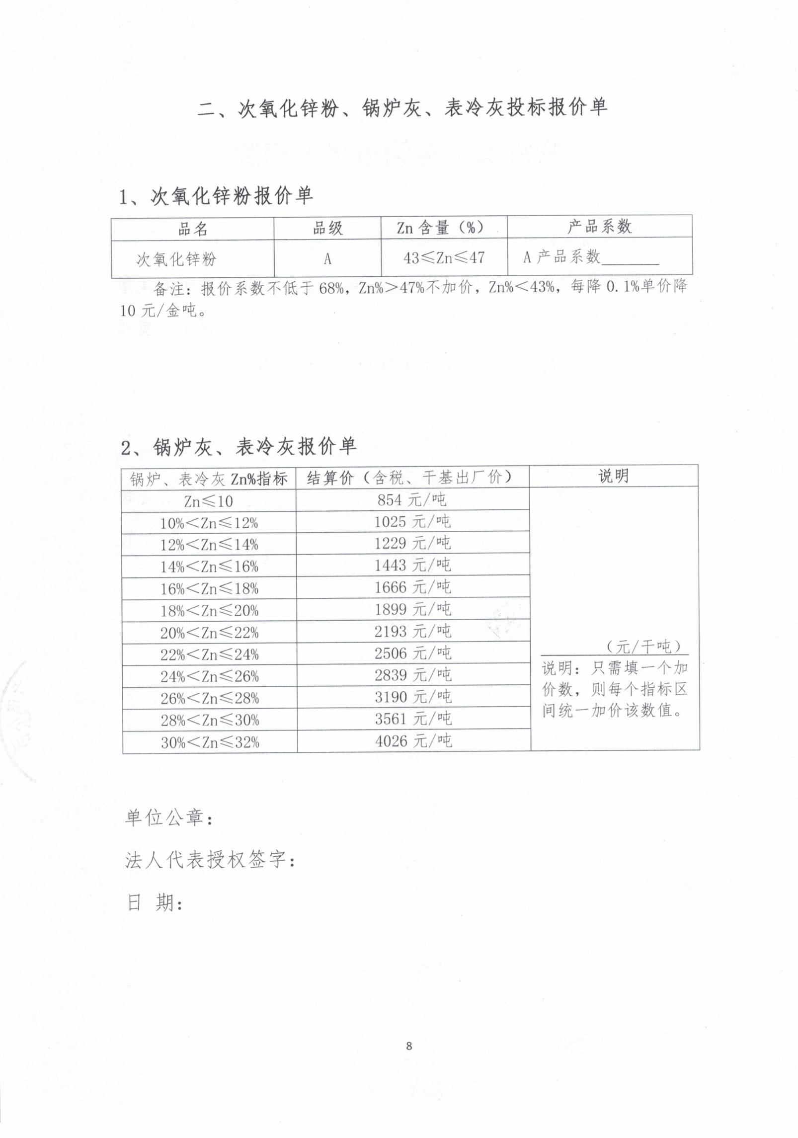 2026年次氧化鋅粉、鍋爐灰、表冷灰招標(biāo)函告08